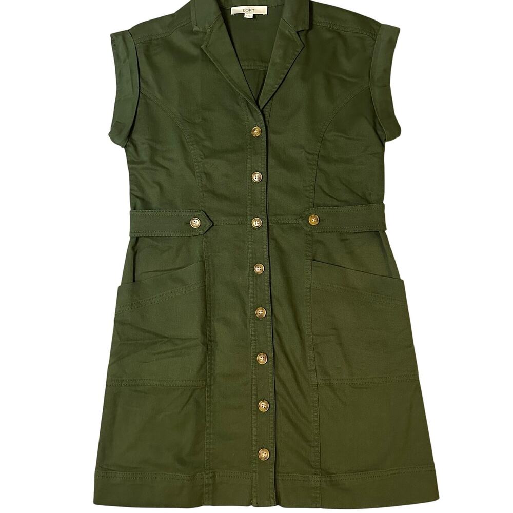 Ann Taylor LOFT Olive Green Utility Mini Pocket Shirt Dress- 4